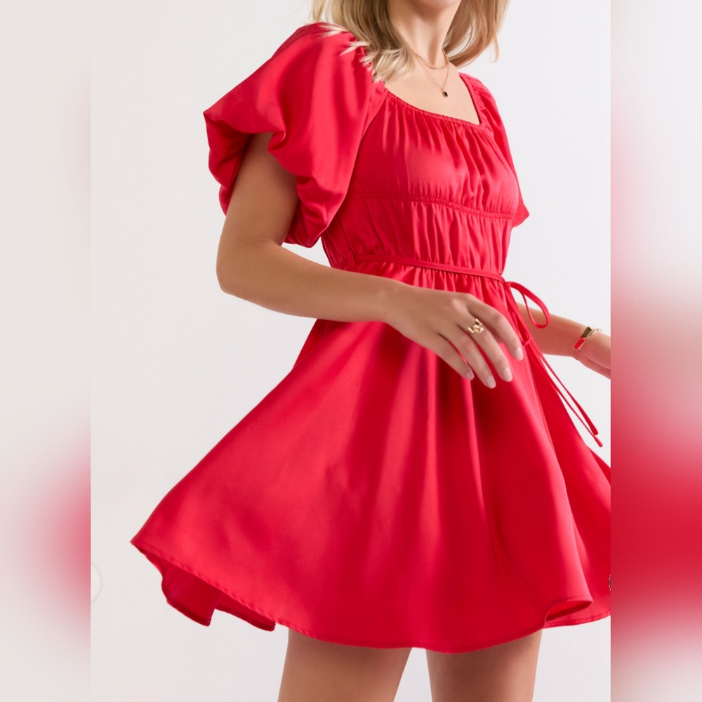 Puff Sleeve Red Satin Mini Dress